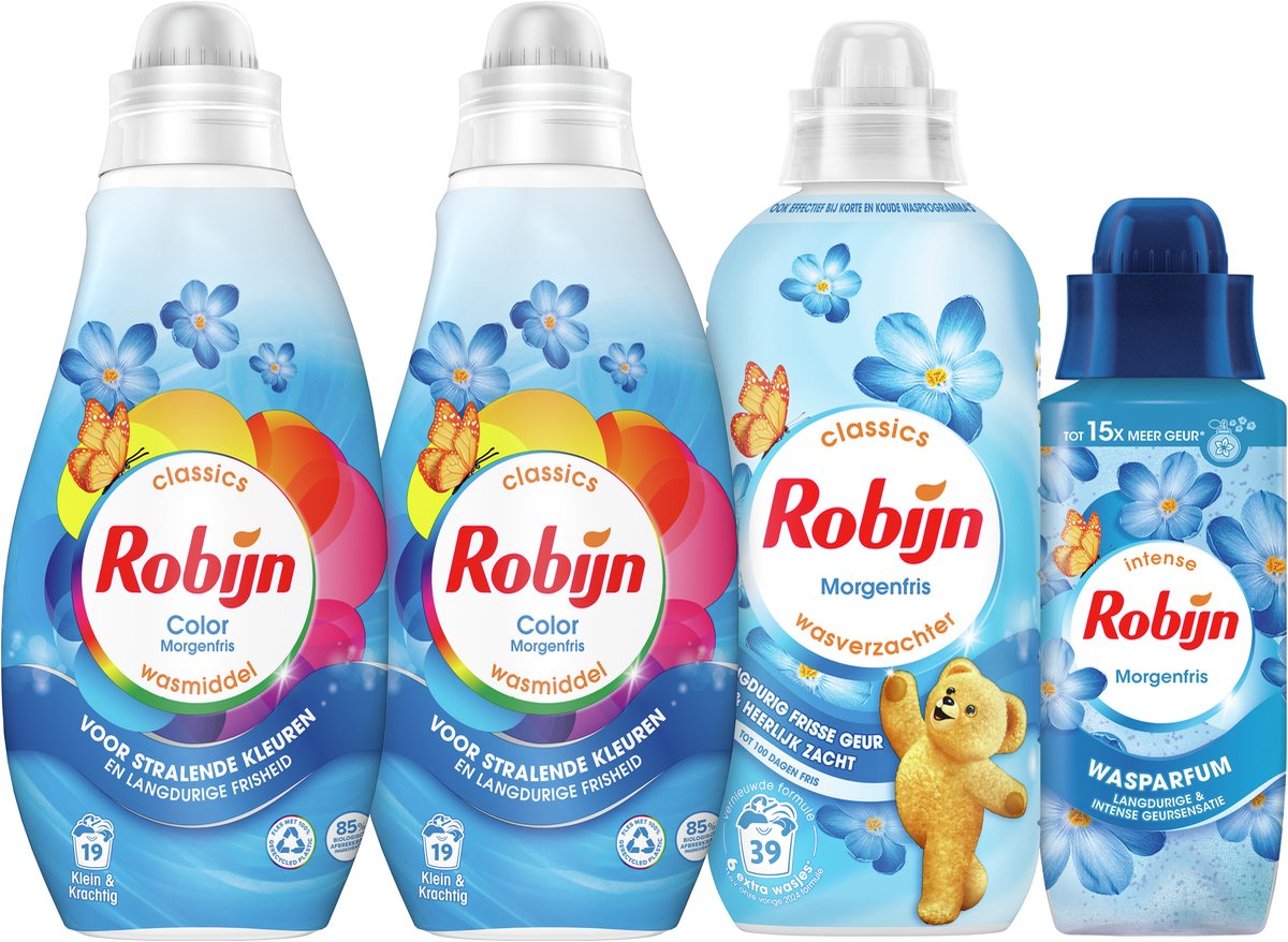 Robijn match parfait - fraîcheur du matin - 4 pièces - 2x détergent + 1 assouplissant + 1 parfum de lessive - pack économique
