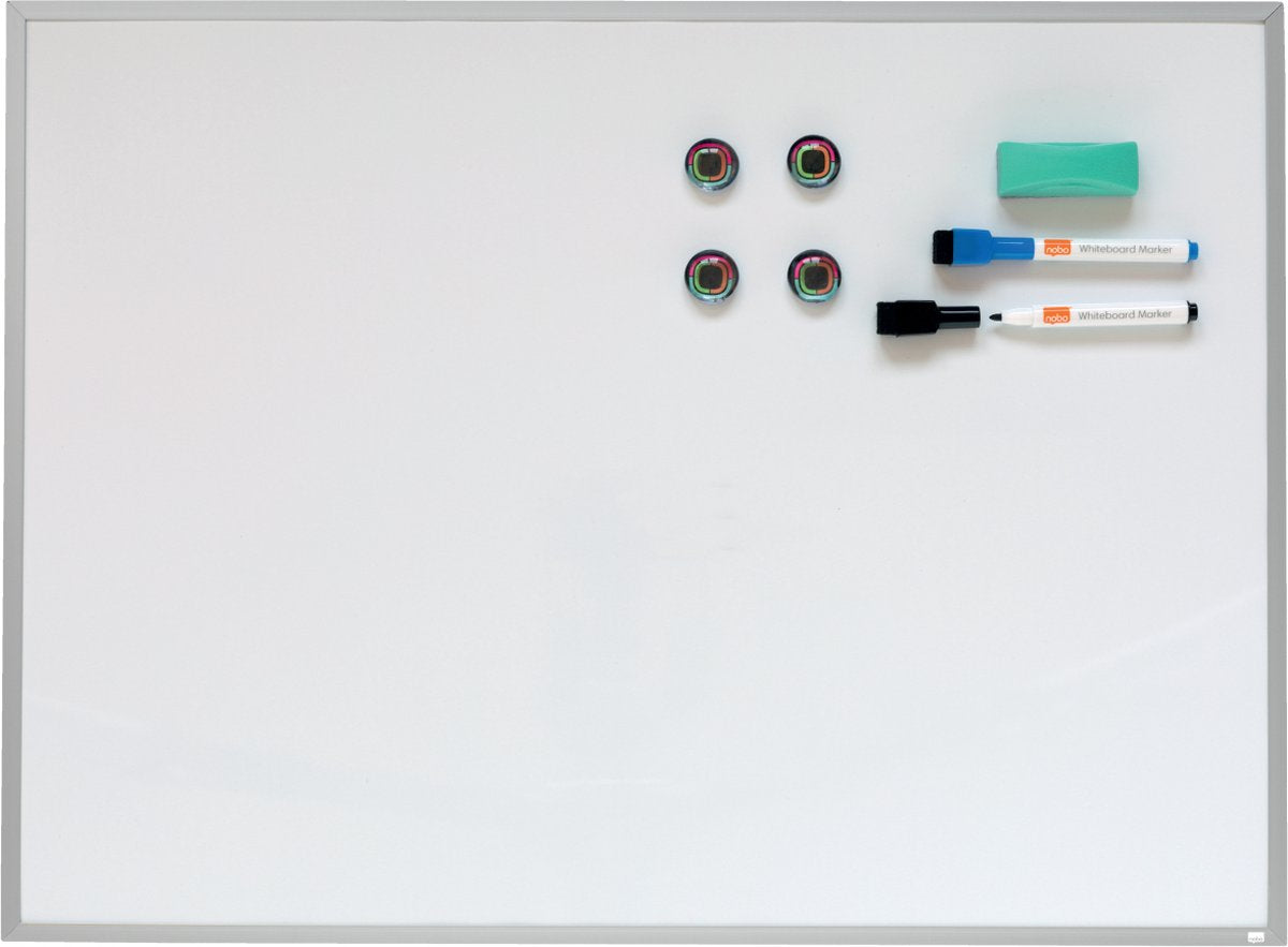 Tableau blanc magnétique Nobo avec cadre en aluminium - 58,5 x 43 cm - avec marqueurs, aimants et gomme - blanc