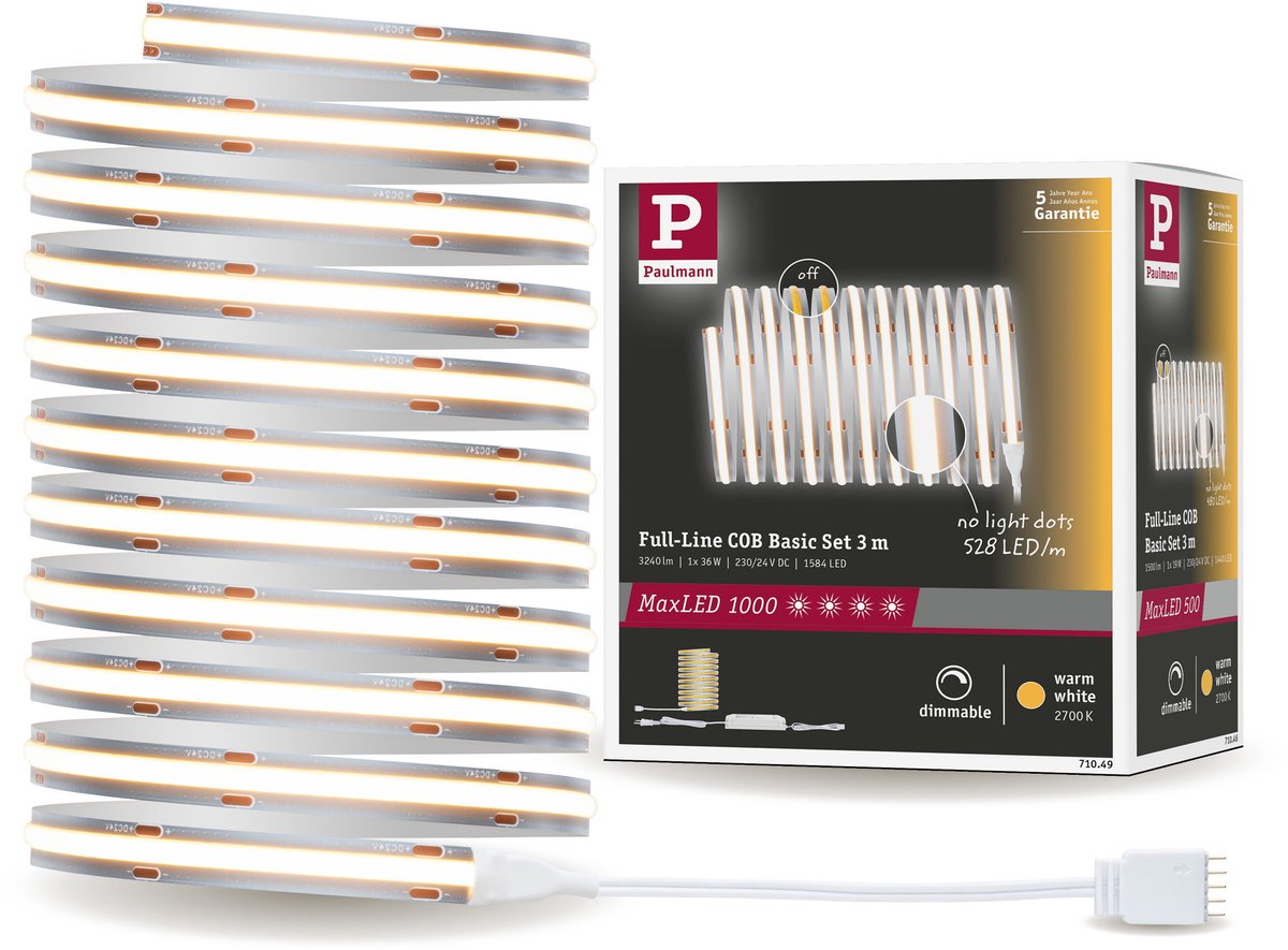 Paulmann maxled 1000 led strip basic set cob 3m blanc chaud 3m 36w 1080lm m 528 leds m 2700k 50va