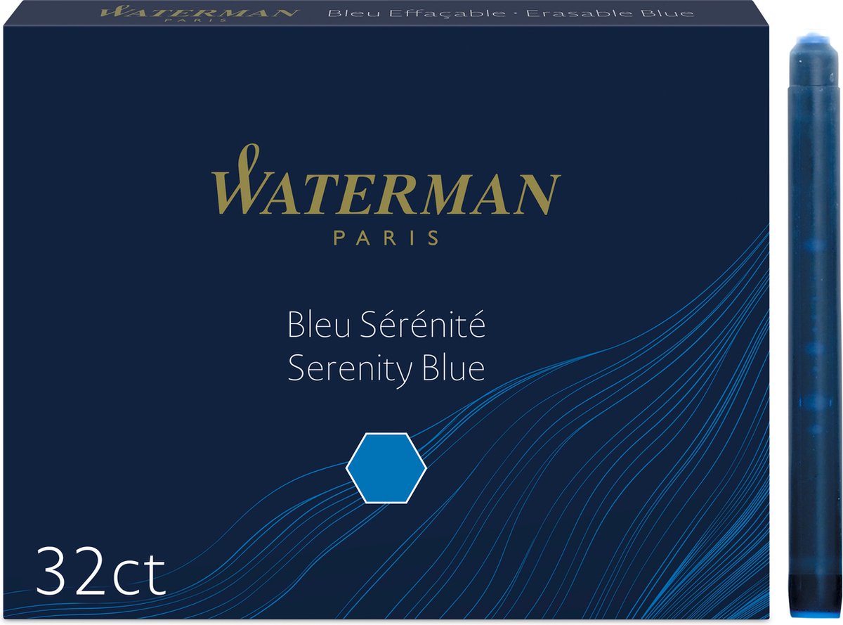 Cartouches d'encre pour stylo plume Waterman | longue internationale | encre bleue lavable | 32 cartouches d'encre