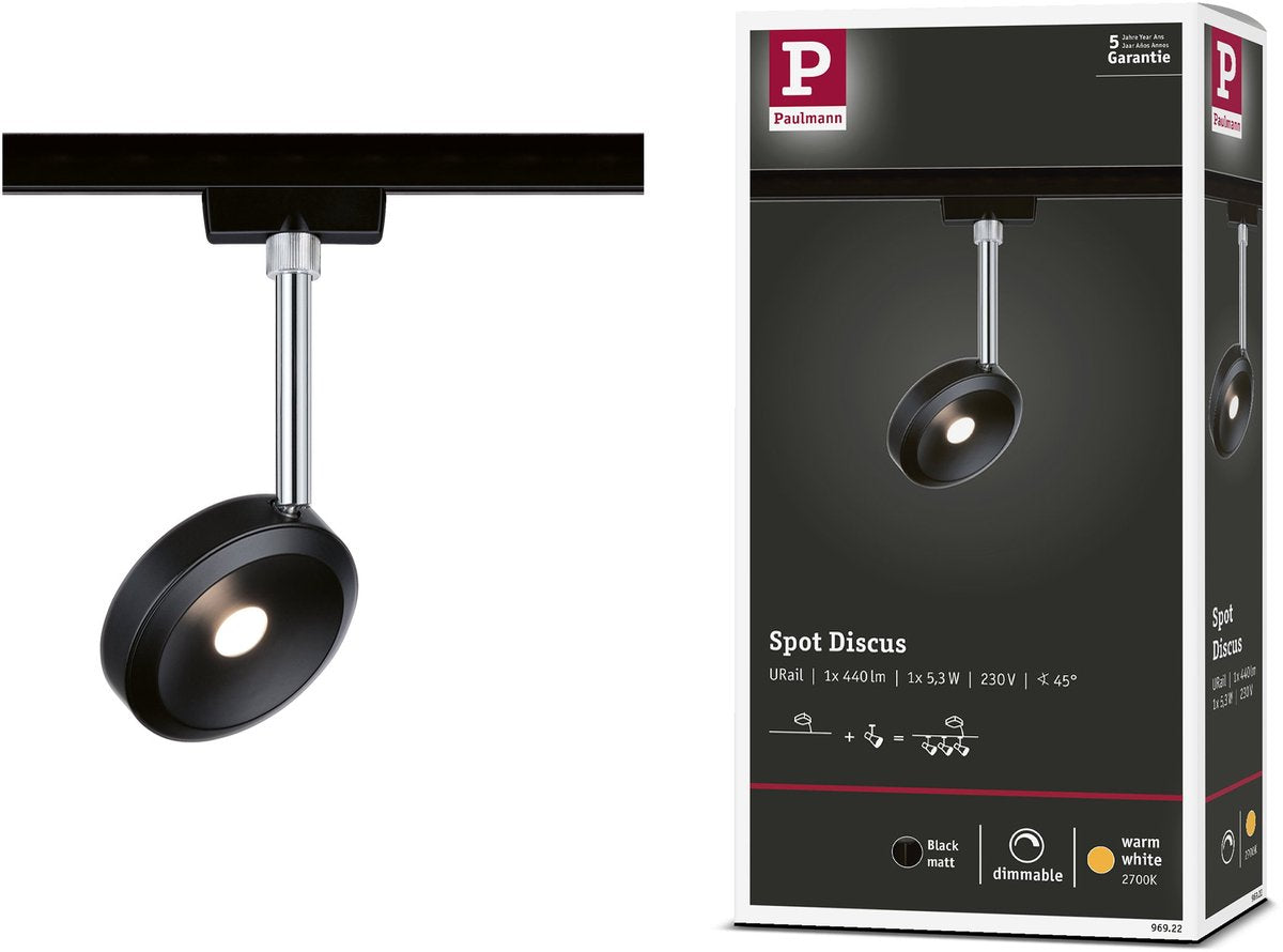 Paulmann urail rail spot discus spot séparé 375,6lm 5,3w 2700k dimmable 230v noir mat, chrome