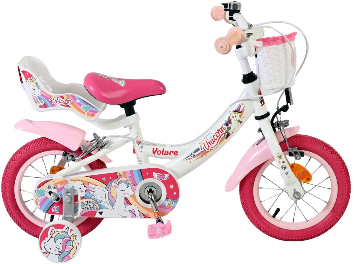 Vélo enfant Volare licorne - filles - 12 pouces - blanc - deux freins à main