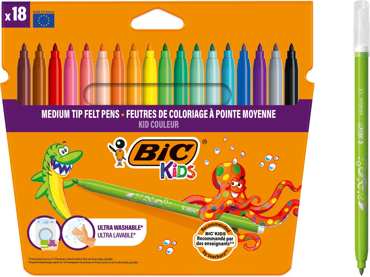 Bic kids kid couleur - feutres - marqueurs pour enfants - marqueurs de couleur lavables - 18 pièces