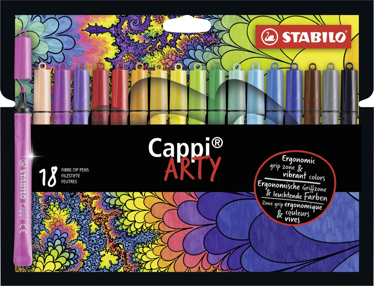 Stabilo cappi - feutre - ne perdez plus jamais votre casquette grâce à l'anneau du capuchon - étui arty de 18 couleurs