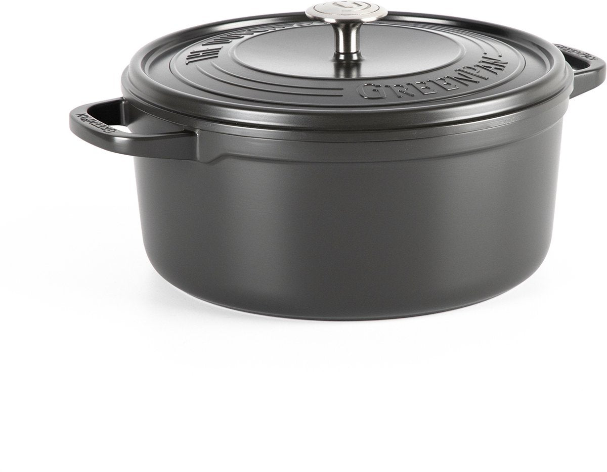 Poêle poids plume Greenpan 22 cm - 3 l - sans revêtement antiadhésif sans PFA - poêle à induction - passe au four jusqu'à 230°c - fonte émaillée - avec couvercle - noir