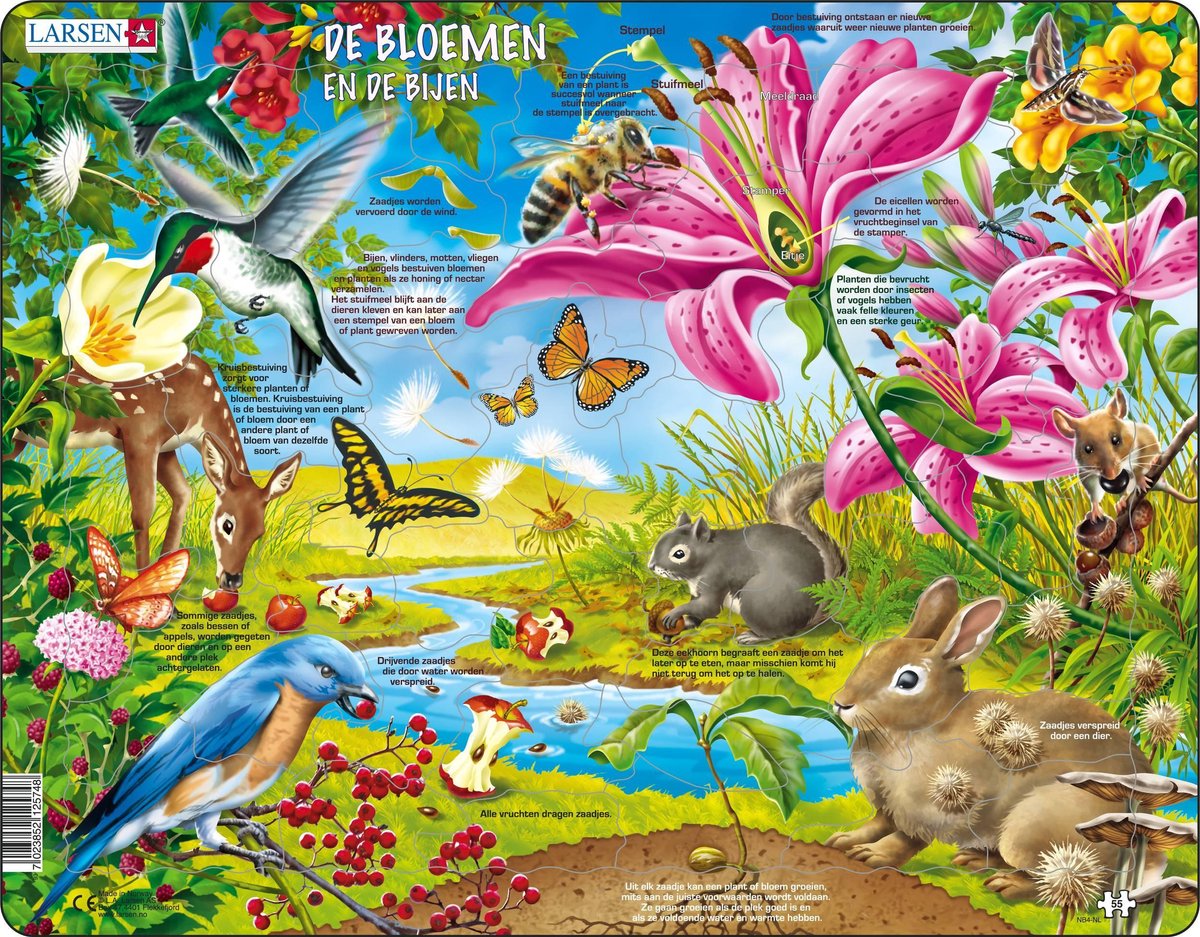 Larsen les fleurs et les abeilles – puzzle – animaux – abeilles et fleurs – puzzle éducatif pour enfants – 55 pièces – fabriqué en Norvège – pièces extra épaisses de 2,5 mm – plateau avec bord fixe