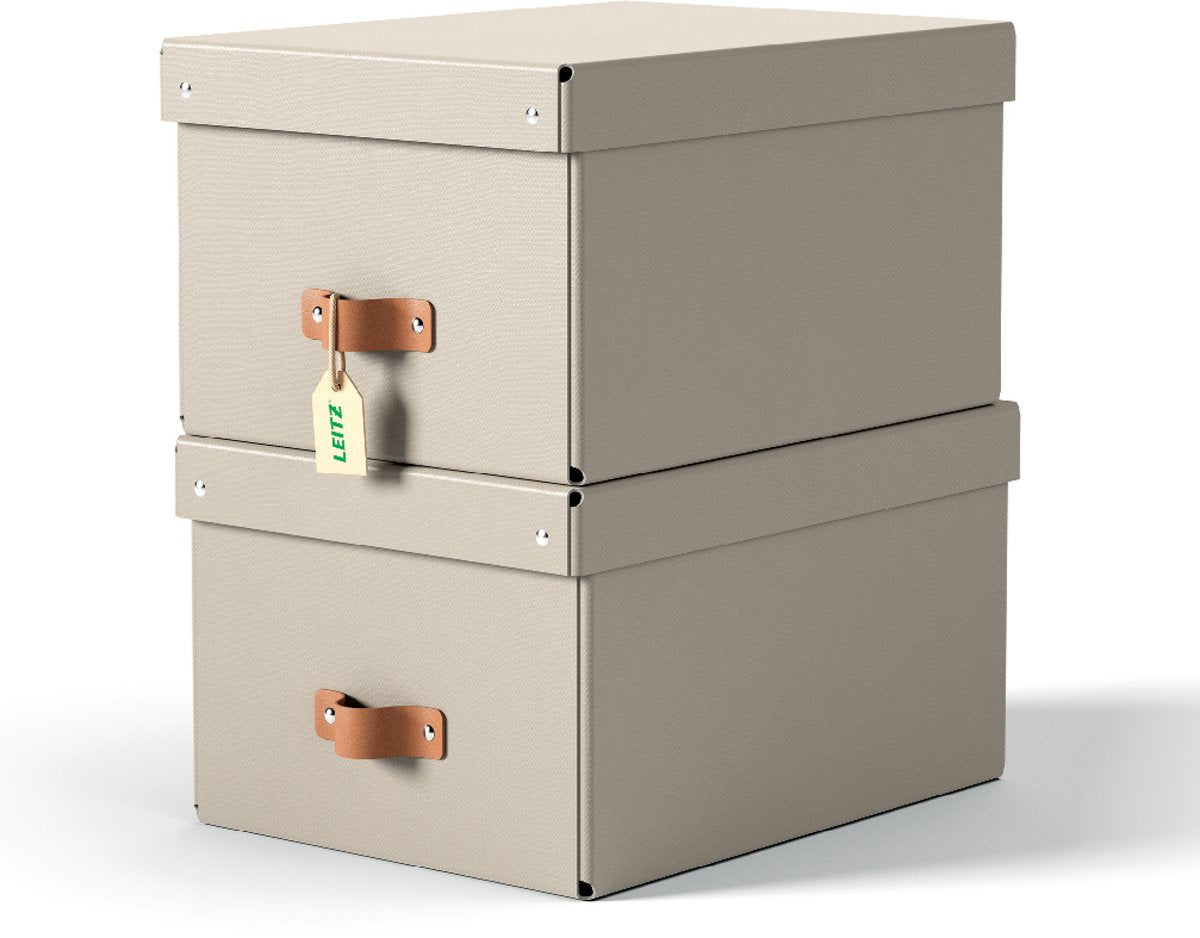 Boîte de rangement Leitz puro moyenne avec couvercle - lot de 2 - 17 l - carton 100 % recyclé - beige