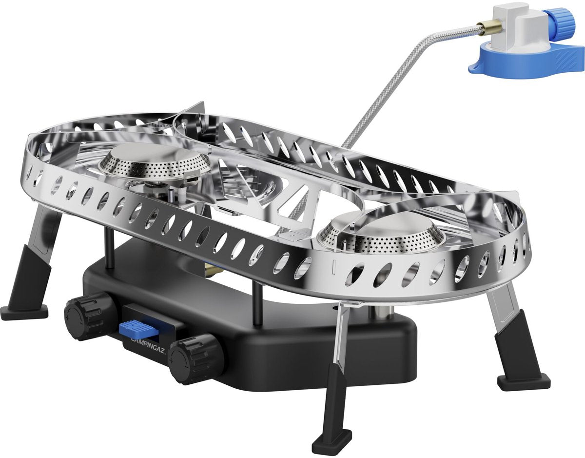 Poêle à chauffage central Campingaz camp trek twin connect - surface de cuisson stable 2x ø15cm - 2x brûleurs 2000 watts