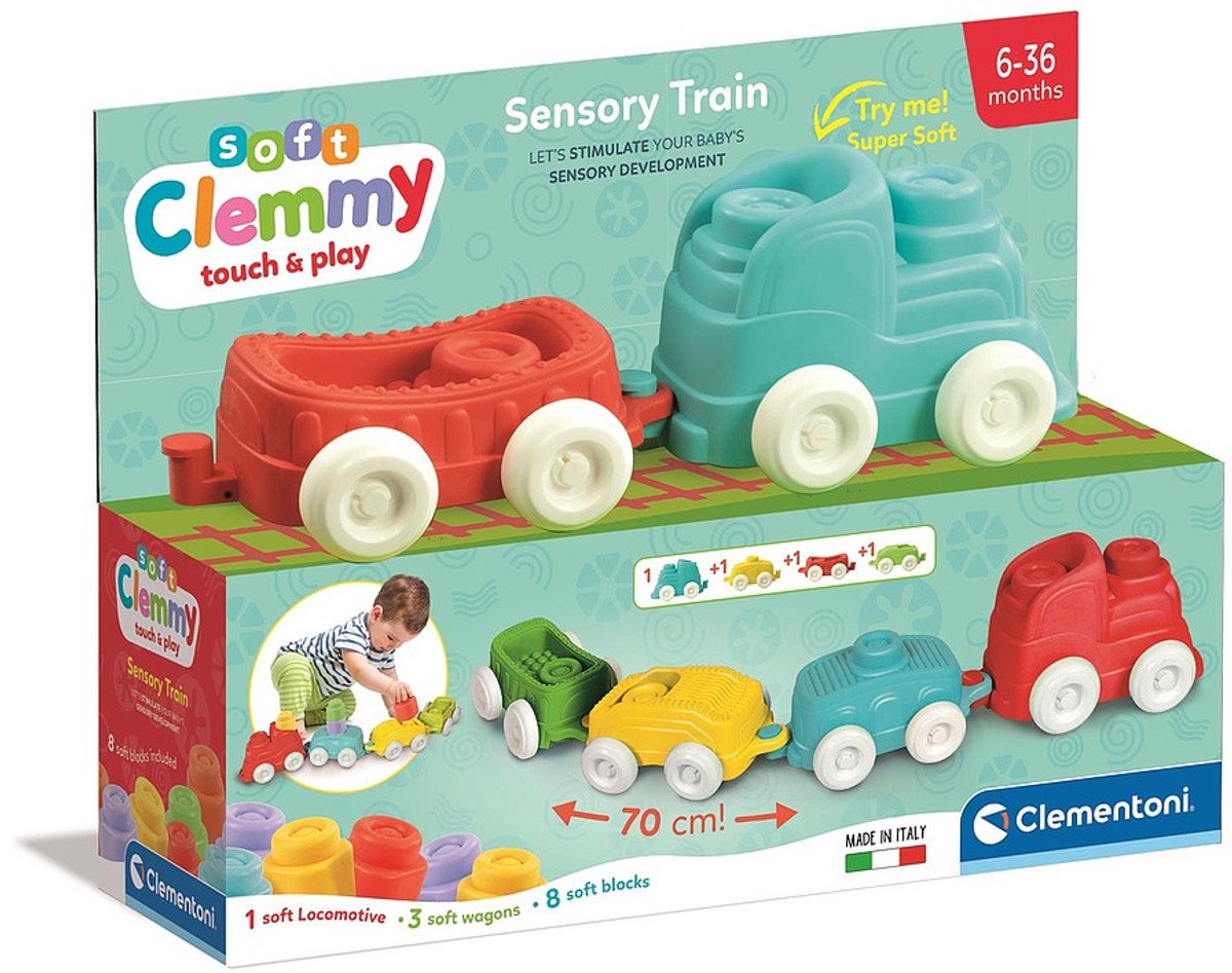 Clementoni baby - train sensoriel Clemmy avec blocs souples, 12 pièces.