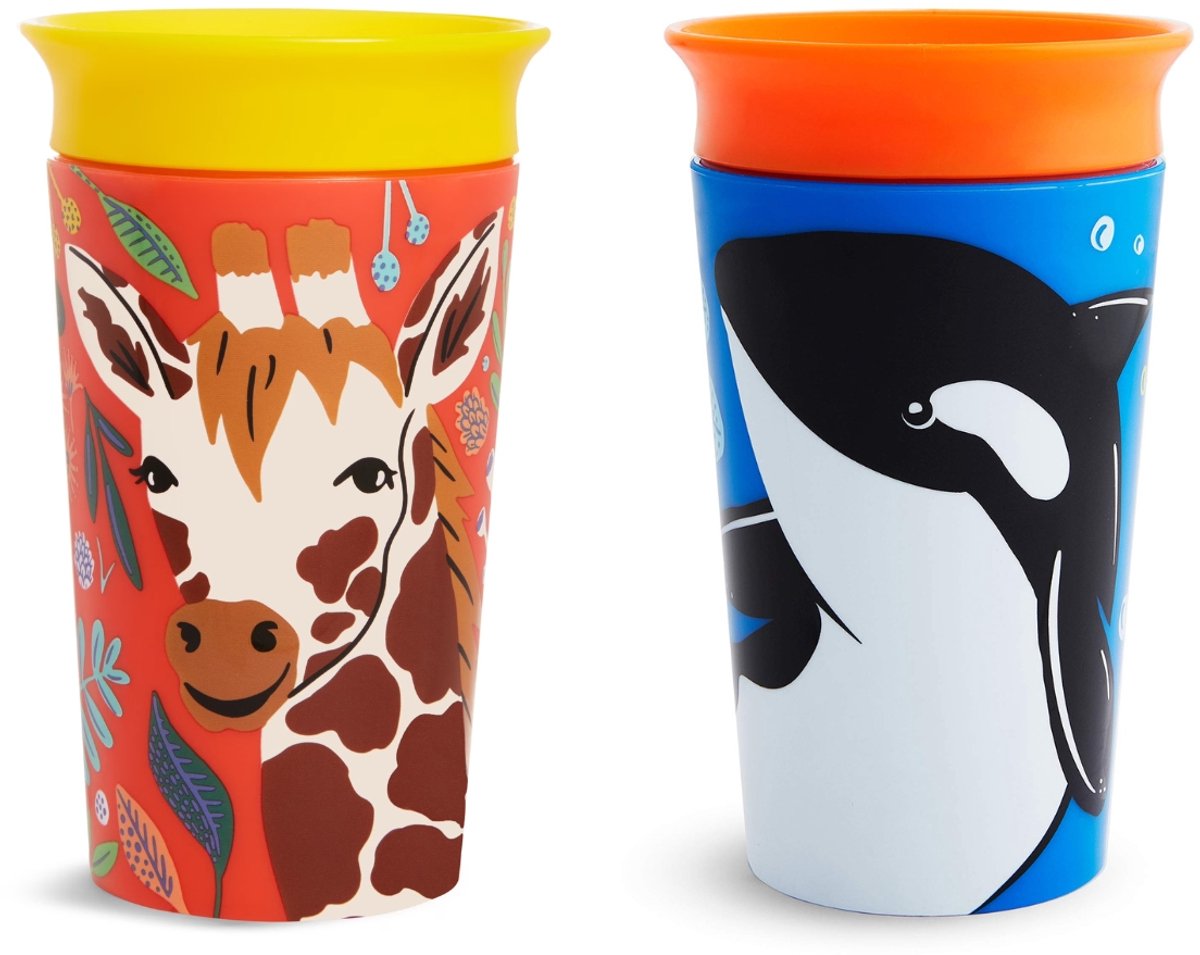 Munchkin miracle drinkbeker - wildlove sippy cup - anti-lek 360° cup - 2-pack - oefenbeker voor baby en kind - giraffe orka - 266ml
