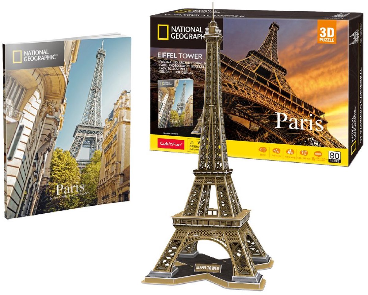 Puzzle 3D National Geographic Cube Fun Tour Eiffel - 80 pièces - 70,9 cm de haut