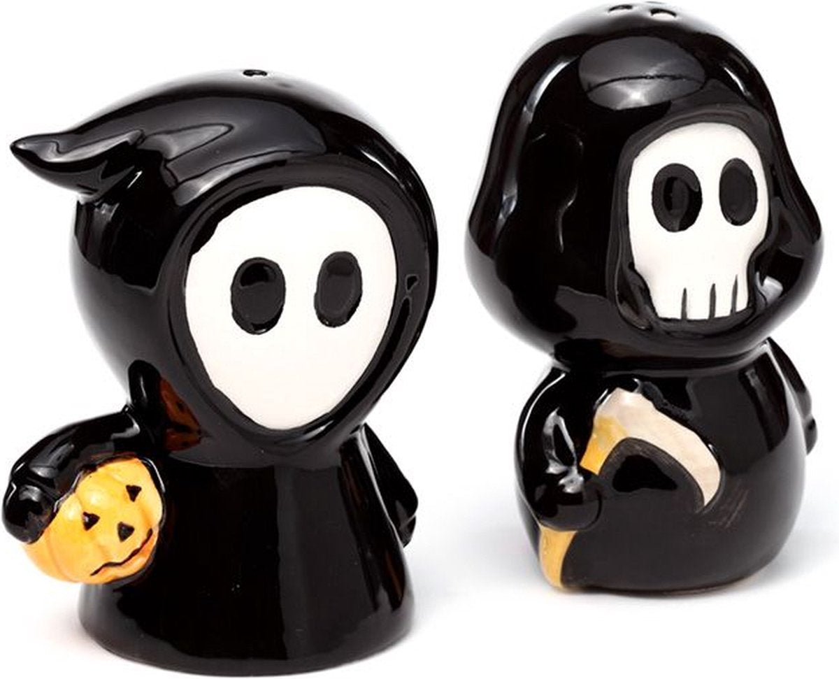 Salière et poivrière Puckator - set crâne garçon fantôme garçon - Halloween - céramique dolomite - 8-8,5x5-6x5-5,5cm