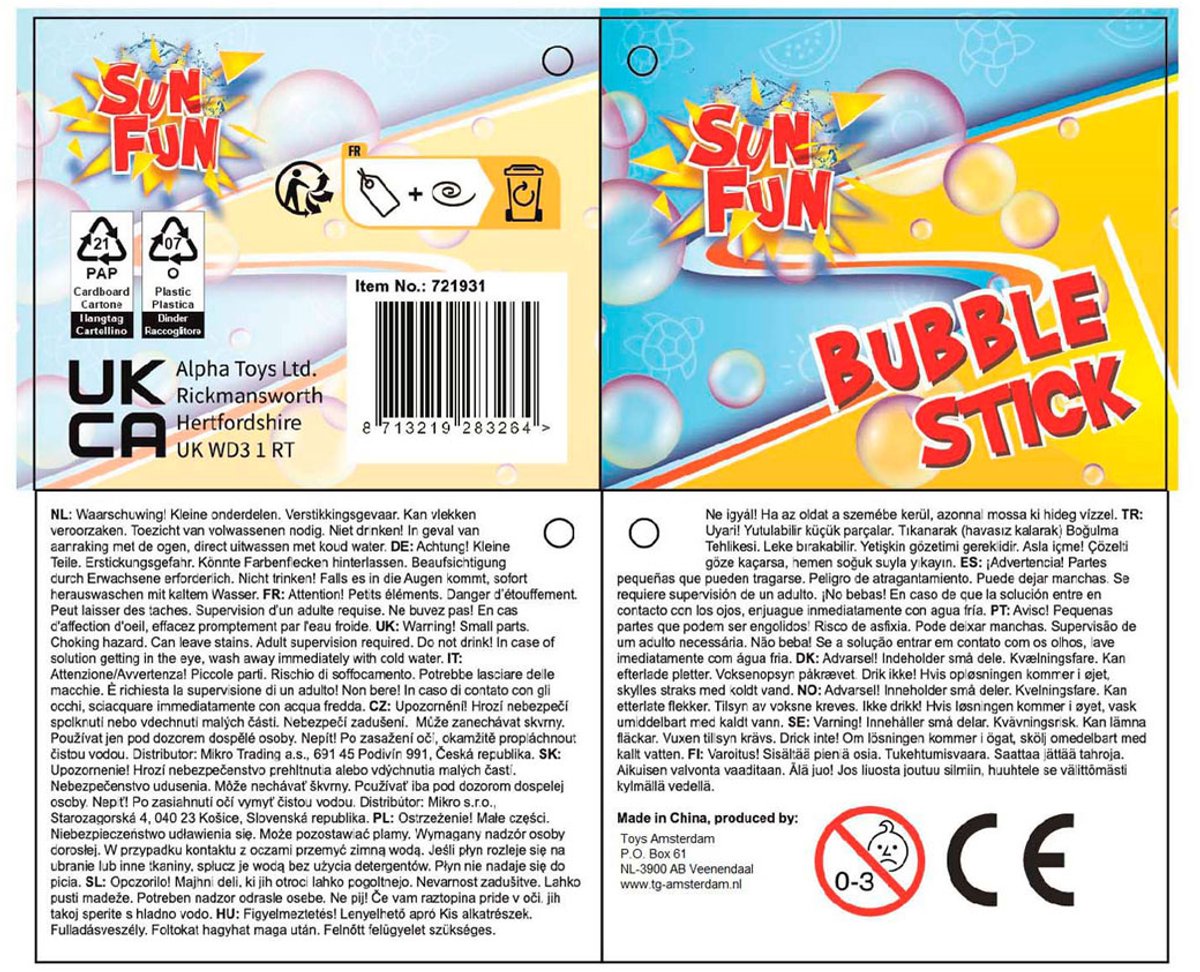 Bâton à bulles Sun Fun 120 ml 37 cm, 24 pcs.