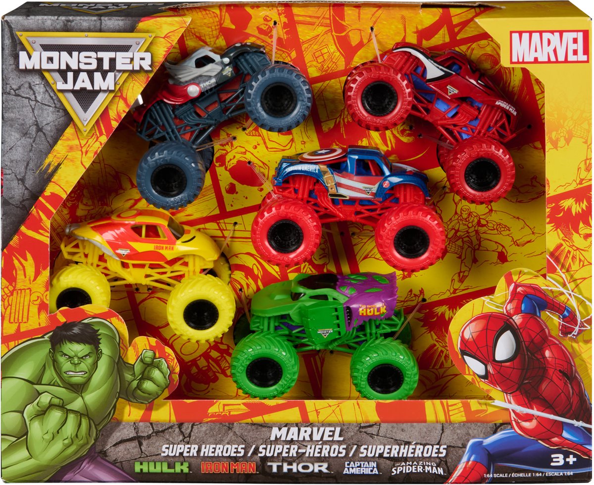 Spin master monster jam - marvel heroes 5-pack monster trucks 1:64 schaal met spider-man, hulk, iron man, captain america en thor - die-cast voertuigen - vanaf 3 jaar