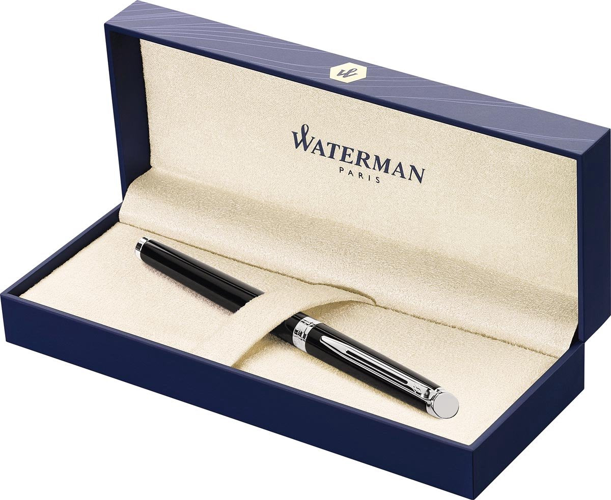Stylo plume Waterman hémisphère | noir brillant avec bord chromé | plume moyenne | encre noire | emballage cadeau