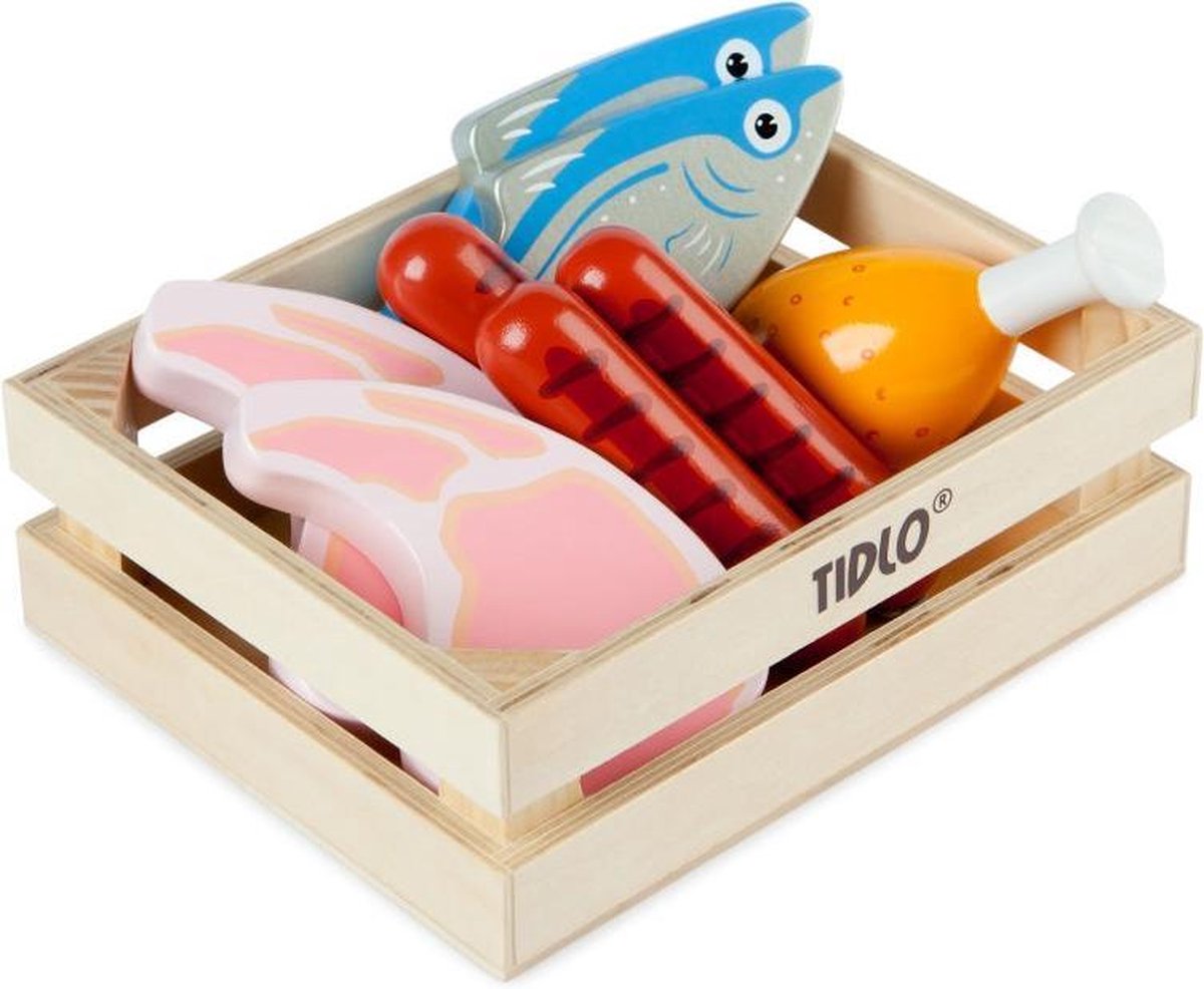 Tidlo nourriture de jeu en bois viande et poisson en boîte, 8 pièces.