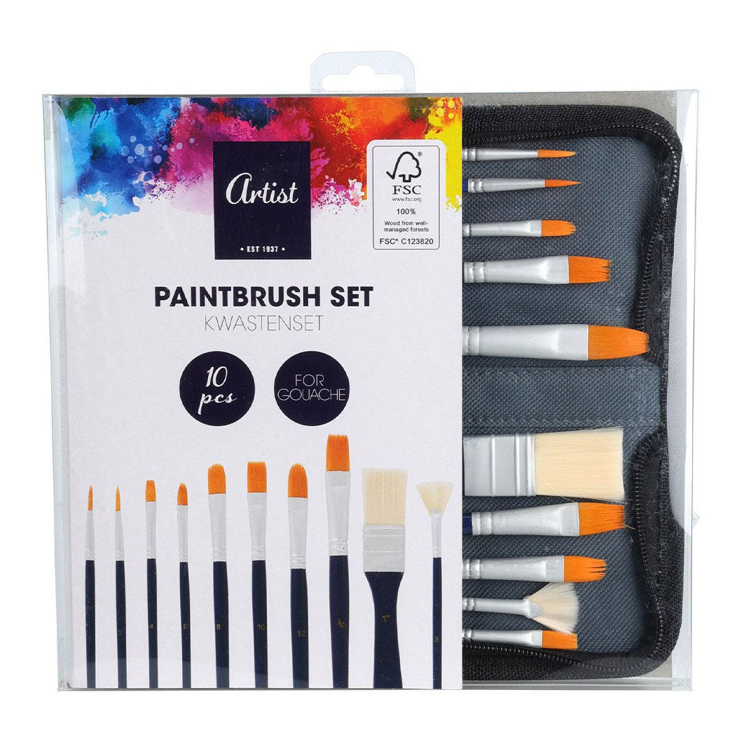 Jeu de pinceaux pour gouache dans un sac de rangement. 10 pièces.