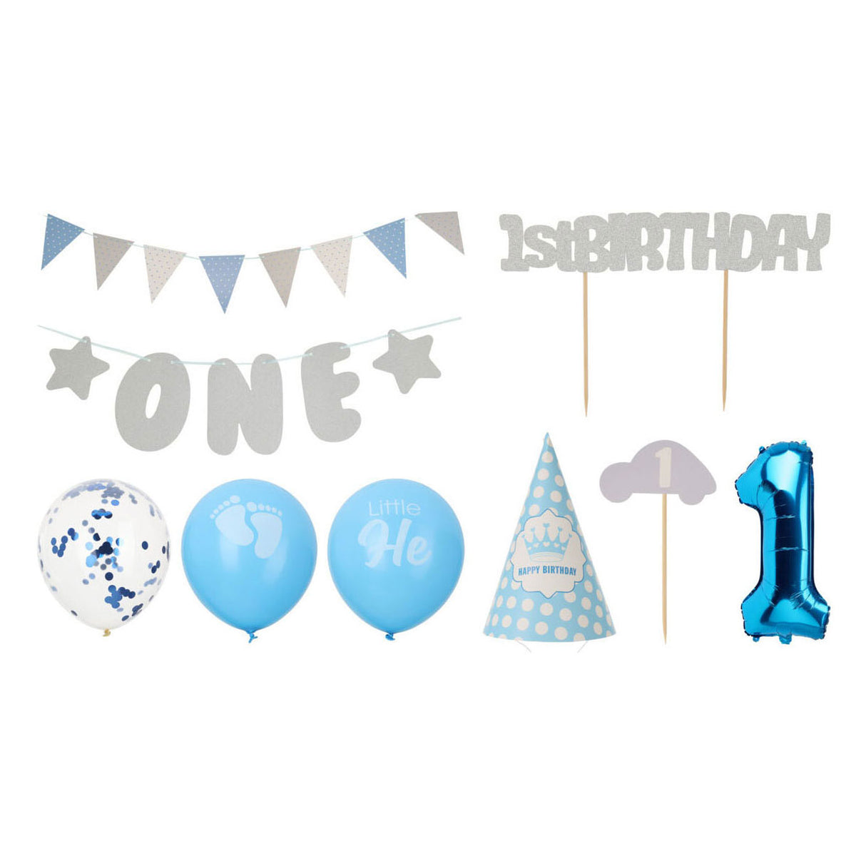 Ensemble de décoration de fête 1er anniversaire - garçon bleu, 9 pièces.