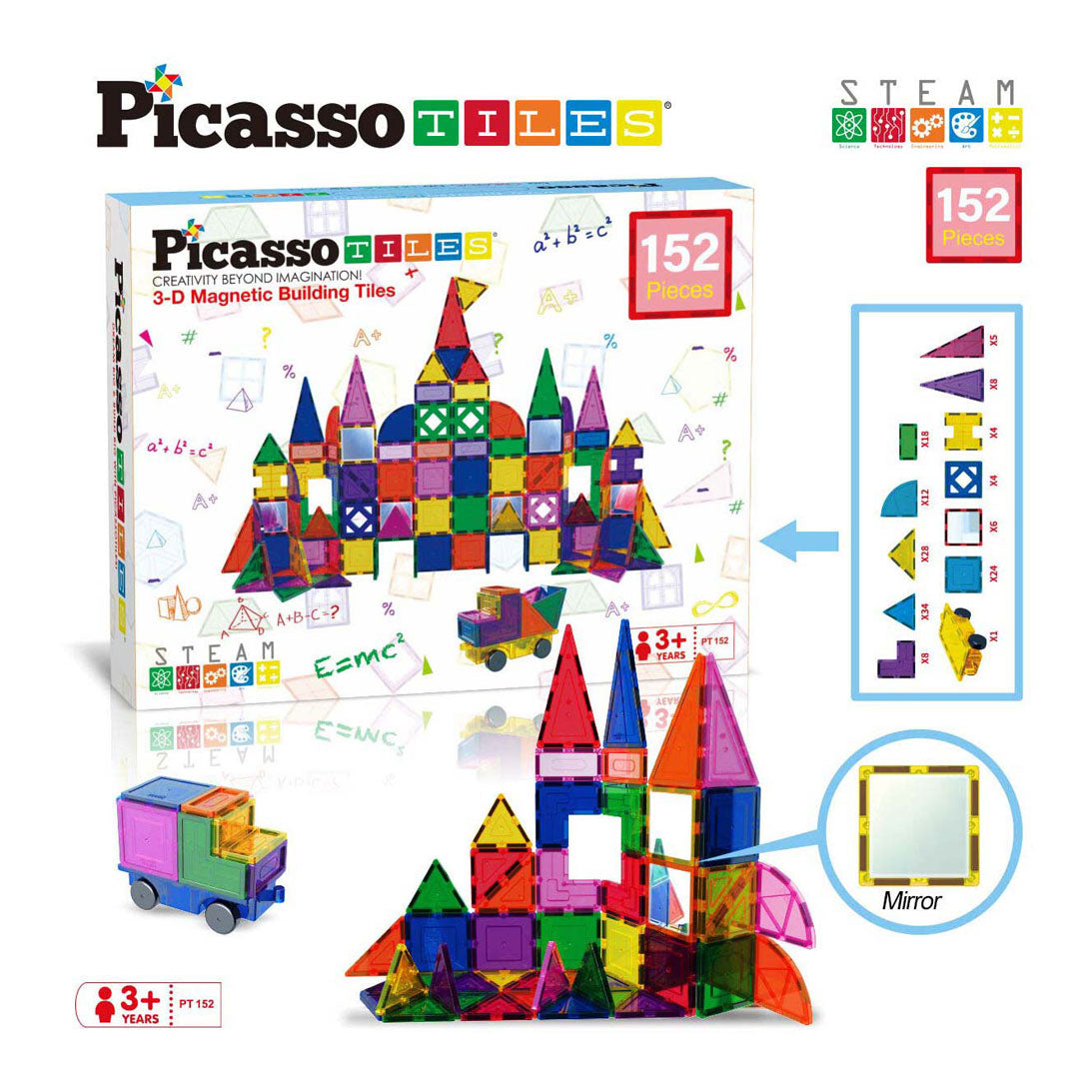 Tactique de tuiles Picasso - jouets de construction - tuiles magnétiques - tuiles magnétiques - ensemble blocs et miroirs - jouets à tige - jouets de construction créatifs - 152 pièces - à partir de 3 ans