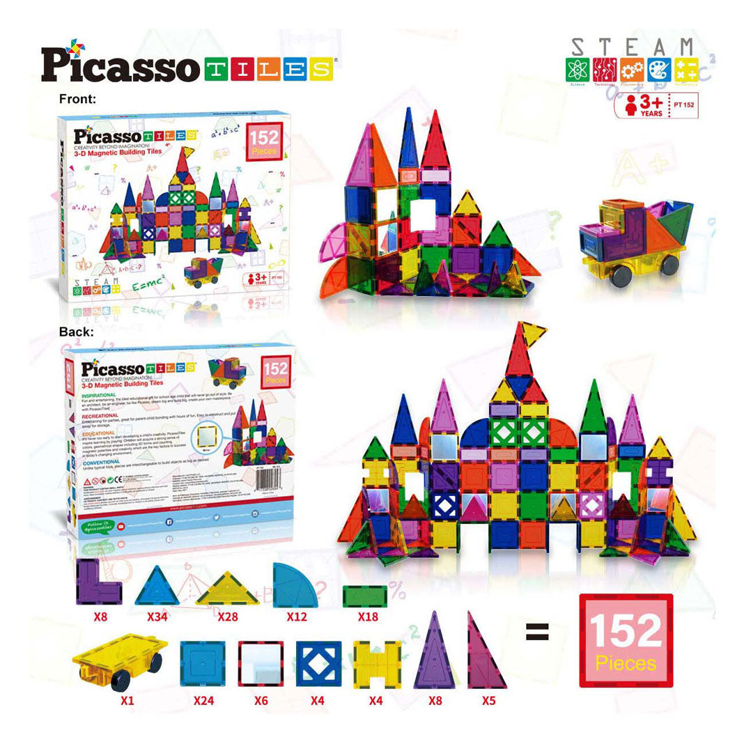 Tactique de tuiles Picasso - jouets de construction - tuiles magnétiques - tuiles magnétiques - ensemble blocs et miroirs - jouets à tige - jouets de construction créatifs - 152 pièces - à partir de 3 ans