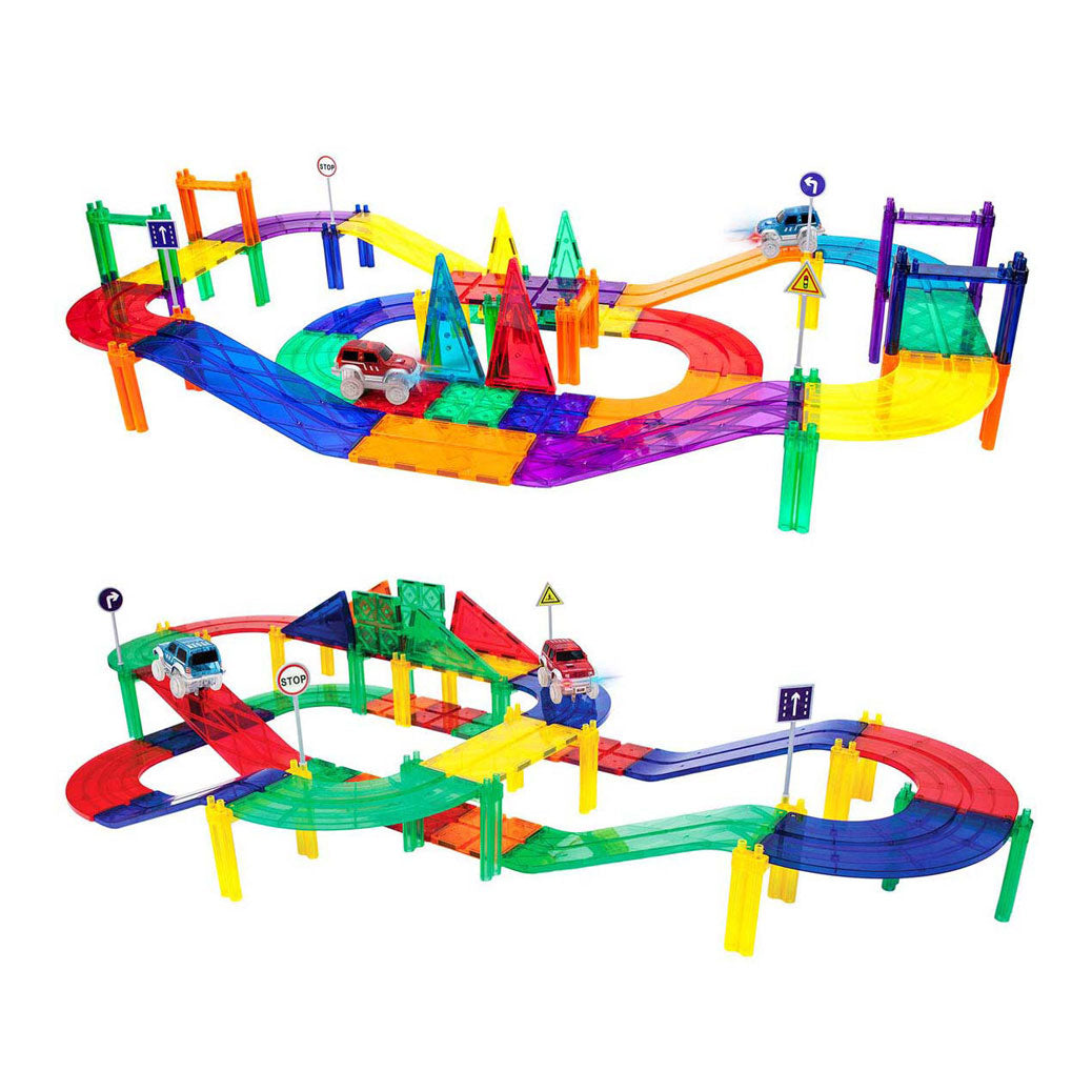 Tactique de tuiles Picasso - jouets de construction - tuiles magnétiques - tuiles magnétiques - piste de course - jouets à tige - piste de course magnétique avec 2 voitures LED - 50 pièces - à partir de 3 ans