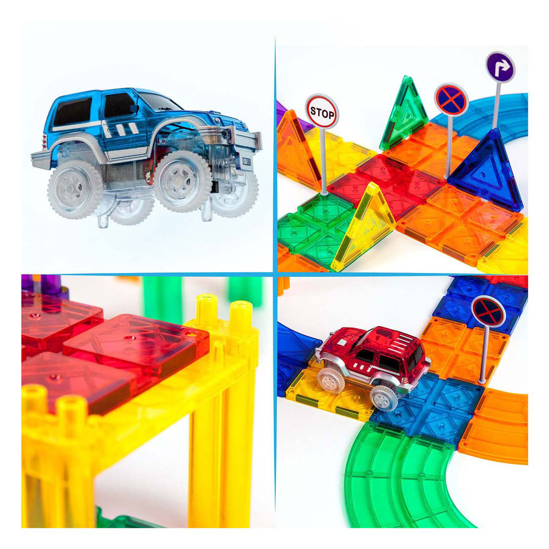 Tactique de tuiles Picasso - jouets de construction - tuiles magnétiques - tuiles magnétiques - piste de course - jouets à tige - piste de course magnétique avec 2 voitures LED - 50 pièces - à partir de 3 ans