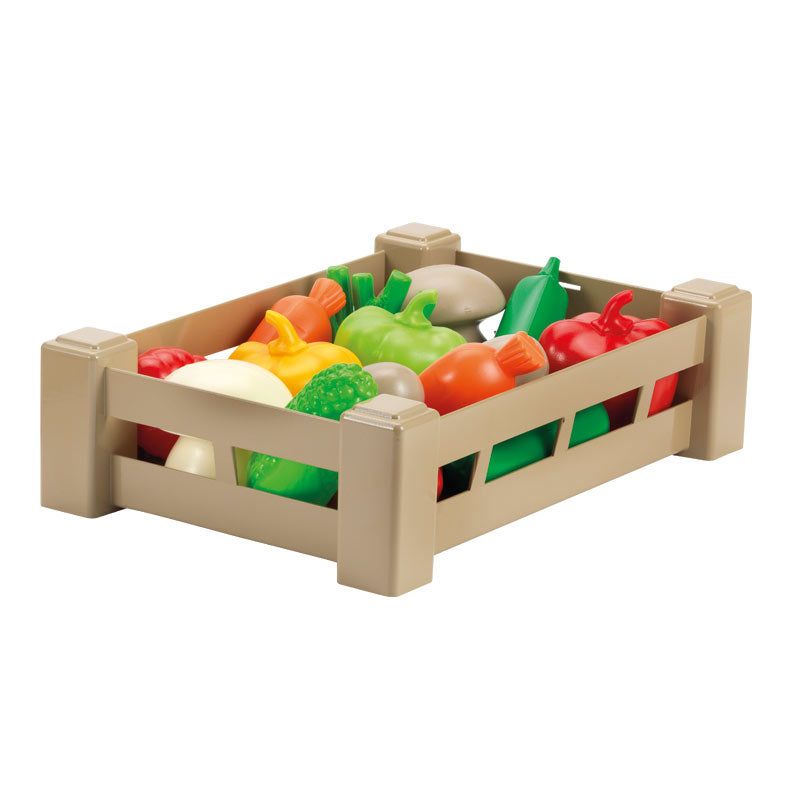 Caisse Ecoffier avec fruits et légumes en plastique assortis