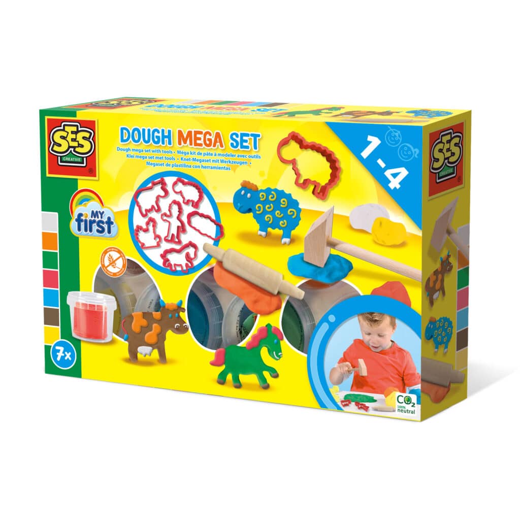 Ses creative - mon premier - méga set d'argile - outils et formes d'argile - argile sans gluten aux couleurs vives - ne sèche pas - thème ferme - avec rouleau à pâtisserie et marteau en bois