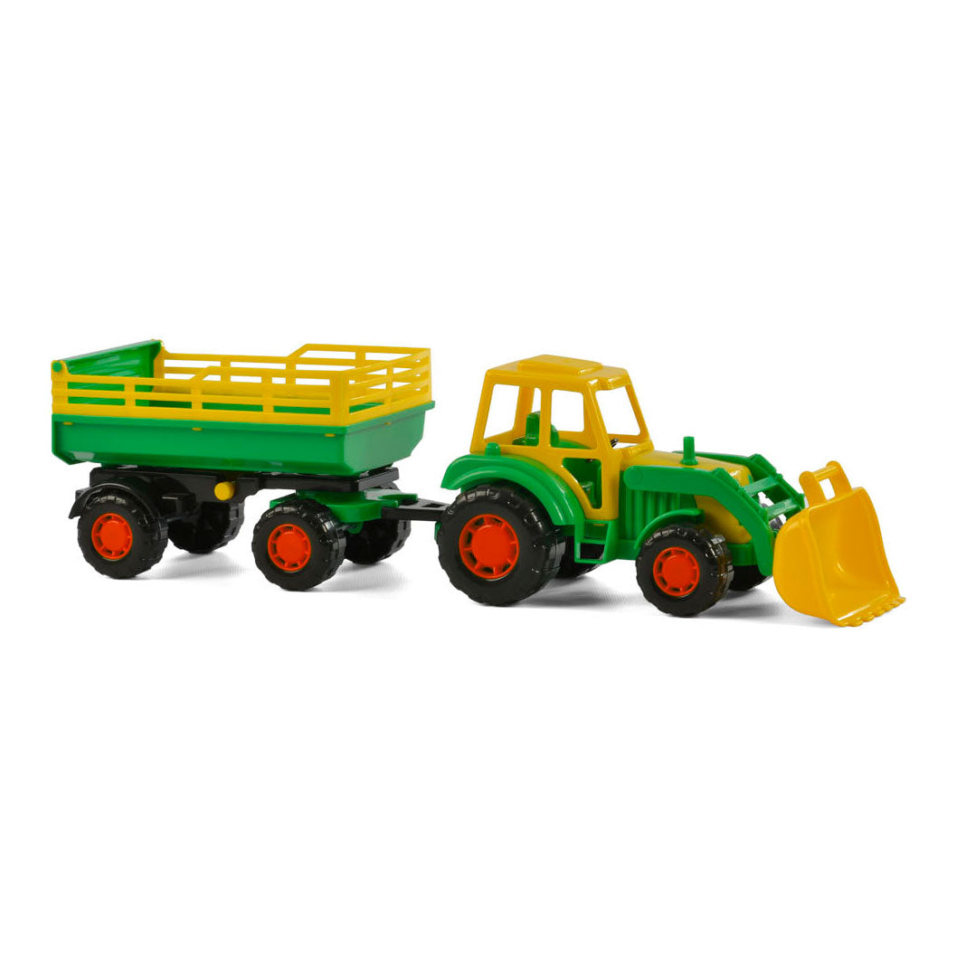 Tracteur Cavallino avec chargeur frontal et remorque vert