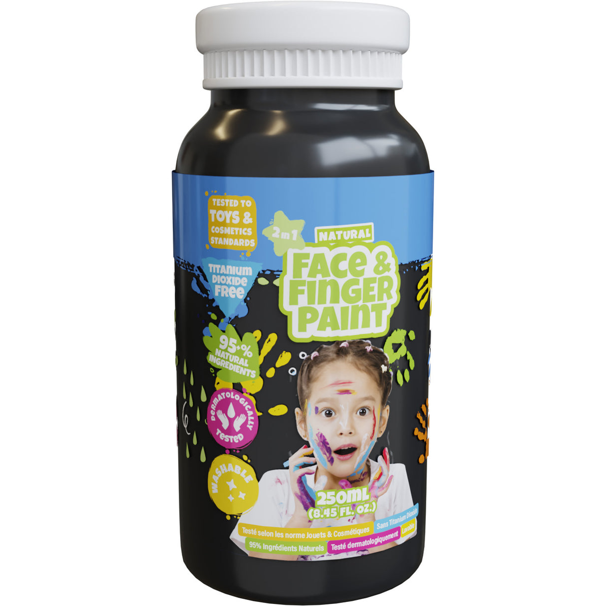 Flacon de peinture au doigt naturel Boti pour le visage - noir, 250 ml