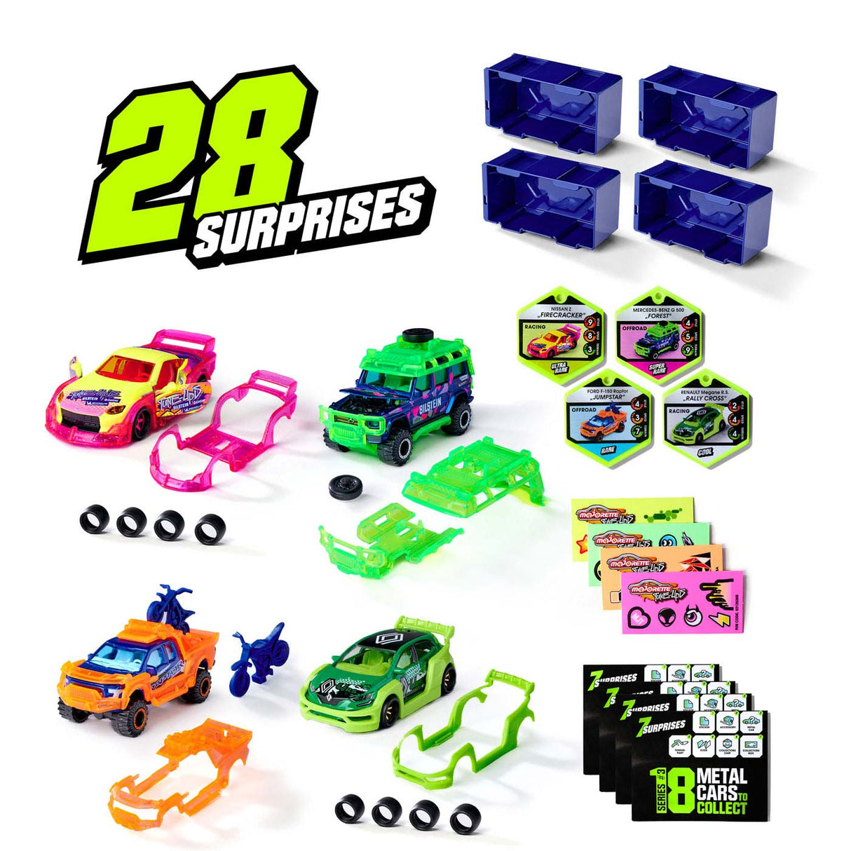 3 voitures de course de Majorlette Tune Up avec 28 surprises, ensemble de 4