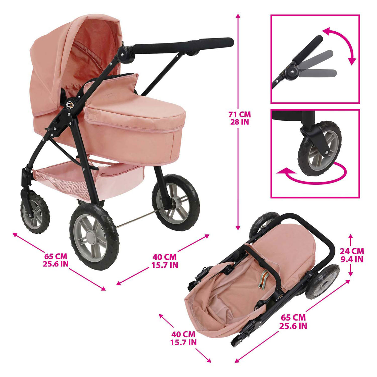 Landau pour poupée 2 en 1 - rose