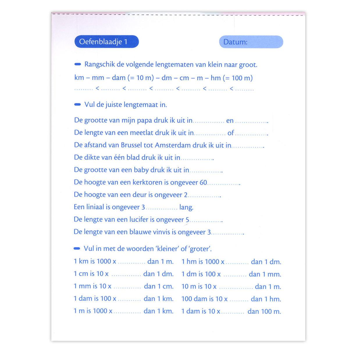 Tailles et poids des feuilles d'exercices Deltas (10-11 ans)