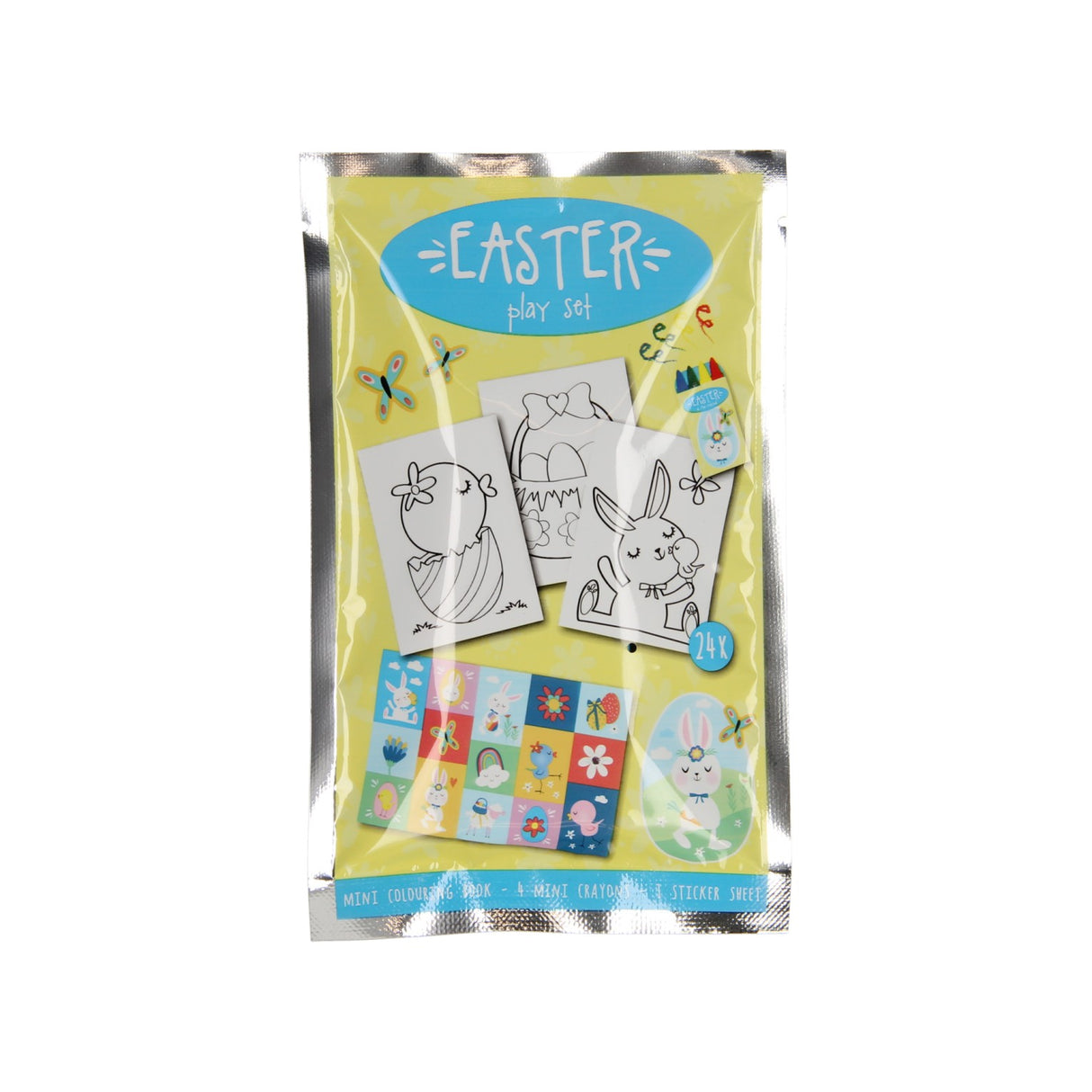 Coffret friandises : livre de coloriage, planche d'autocollants crayons de cire - Pâques