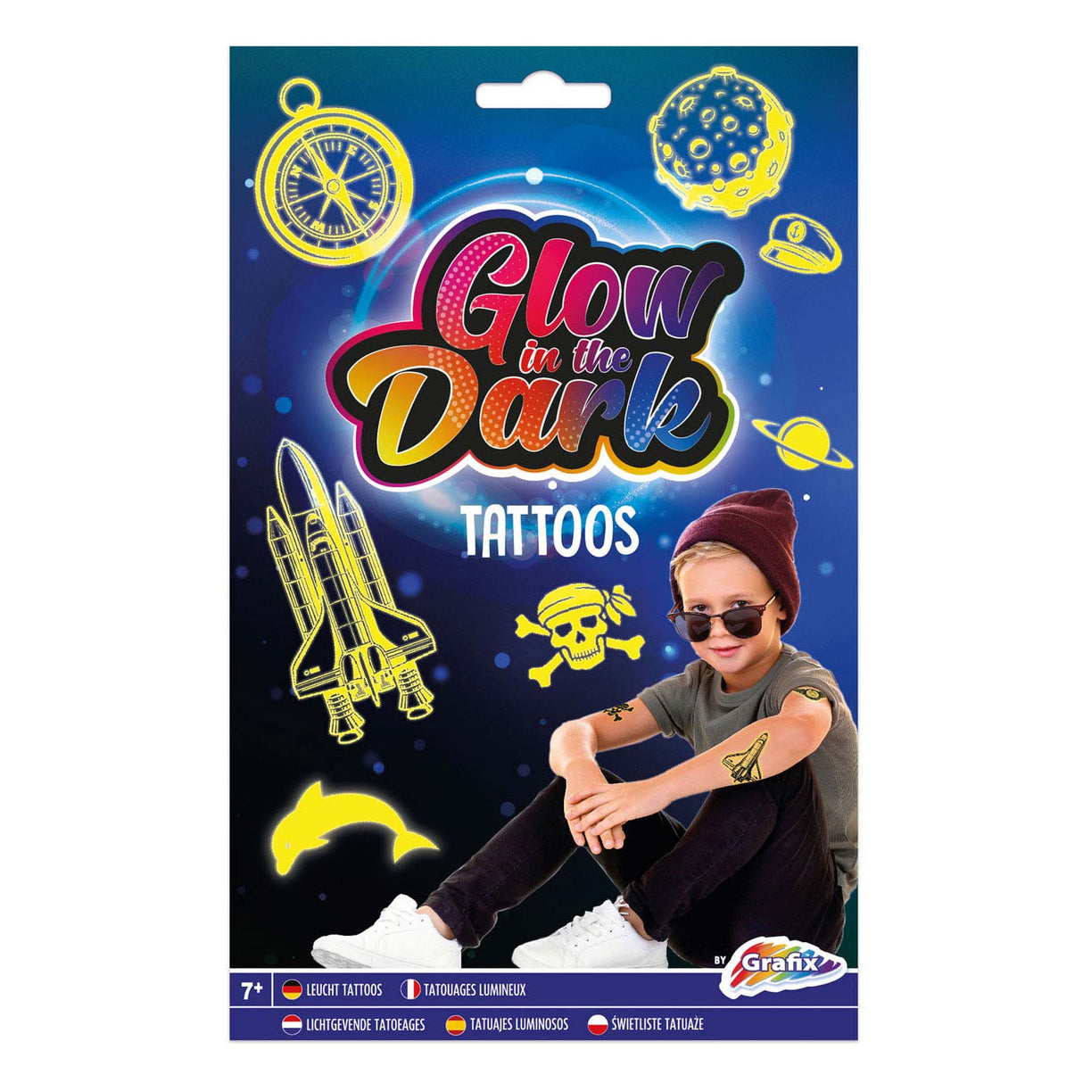 Groupe d'artisanat créatif qui brille dans les tatouages sombres - bleu