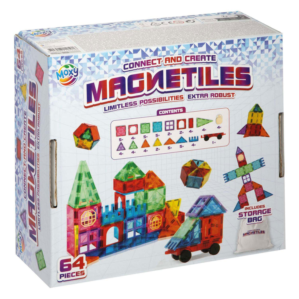 Tuiles de jouets de construction magnétiques Creative Craft Group avec sac de rangement, 64 pcs.