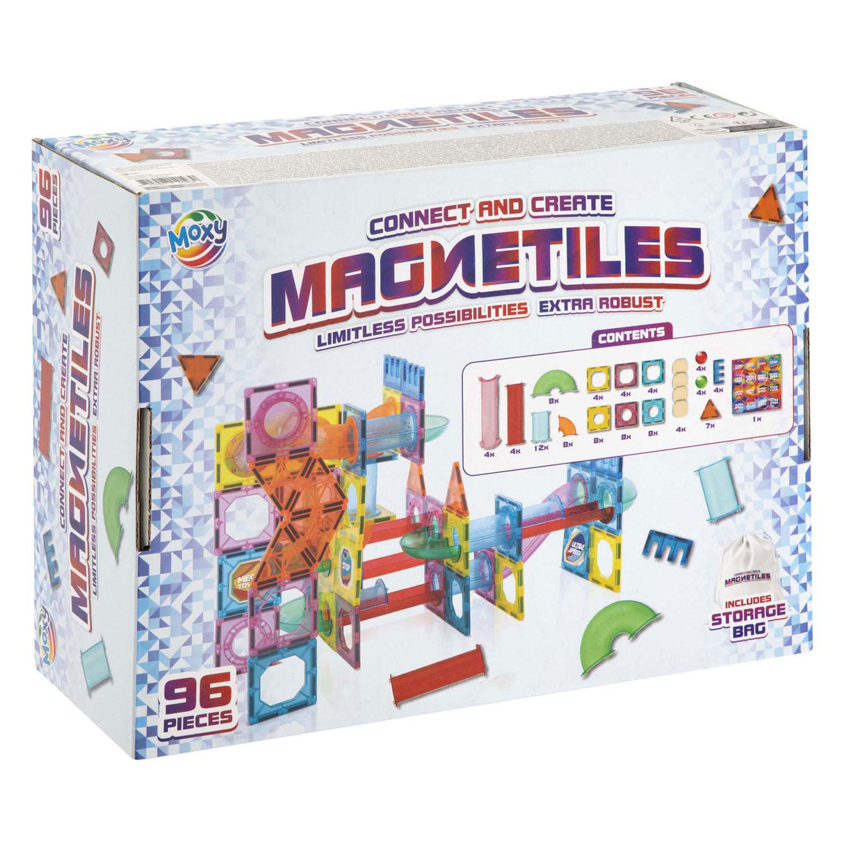 Jouets de construction de groupe d'artisanat créatif carreaux magnétiques xl avec sac de rangement, 96 pcs.