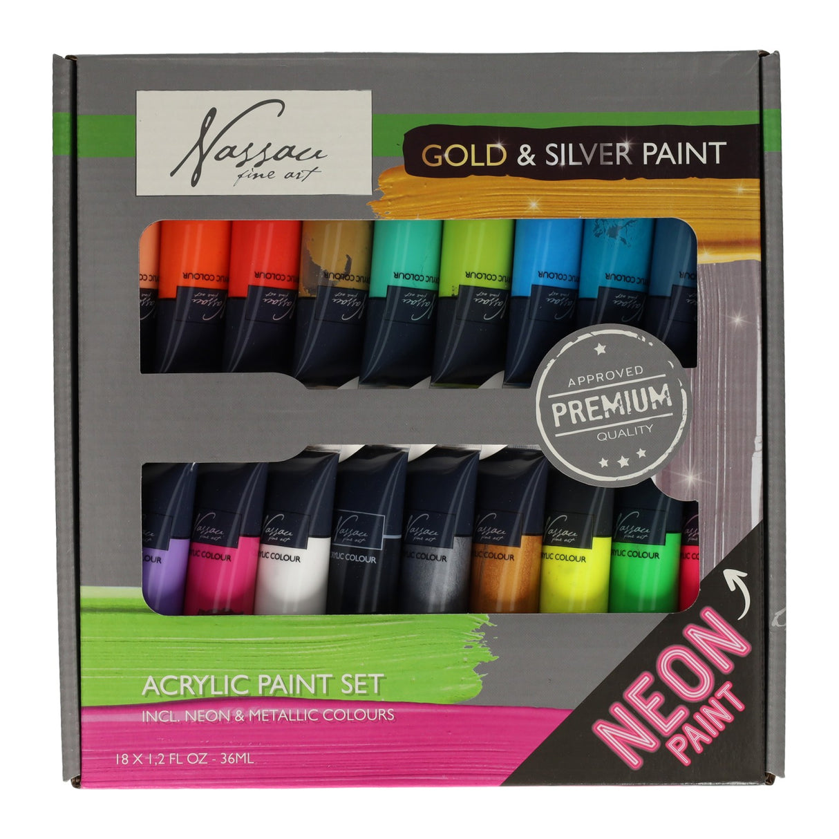 Peinture acrylique de groupe créatif, couleurs fluorées et métalliques, 18x36 ml