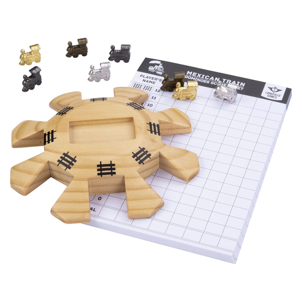 Ensemble d'accessoires de train mexicain domino Engelhart - 8 trains en métal - gare en bois - bloc de score -