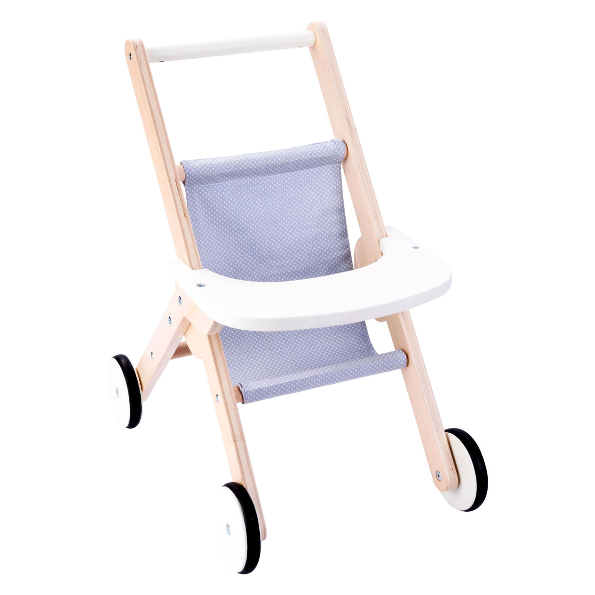 Poussette de poupée en bois gris bleu