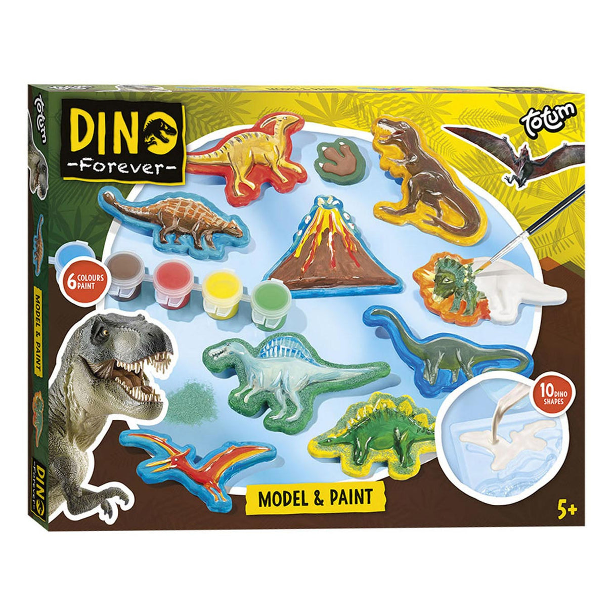 Totum Dinosaur Junior Craft Set Kit de plâtre et de peinture Dino Forever Model Paint avec plâtre, 6 couleurs de peinture - Astuce cadeau pour les garçons