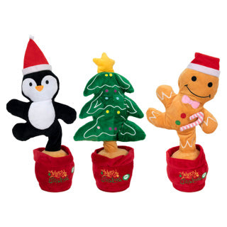 Peluche de Noël chantant danse lumineuse 35 cm 3-ass 3xaa batt incl, arbre de Noël et pingouin