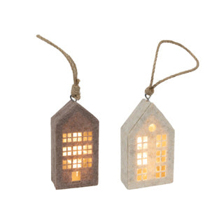 Suspension maison feutre marron beige LED 14,5cm 2ass | 6 pièces