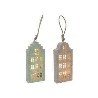 Suspension maison canal beige vert feutre LED 20cm 2 assortis
