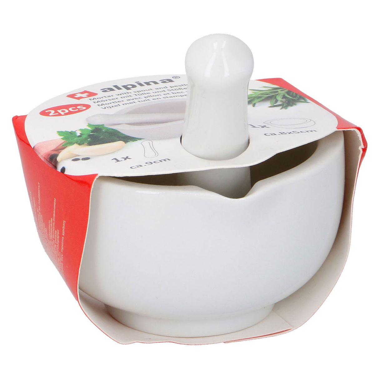 Alpina Kitchen Home Mortier Alpina avec pilon en céramique - Moulin à épices et moulin à épices - Mortier avec bec verseur - Convient pour le pesto, l'ail, les noix, les sauces et plus encore - Blanc