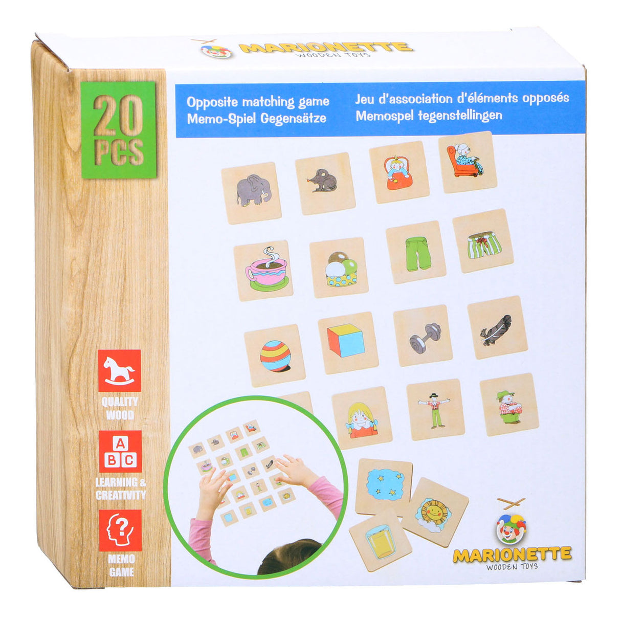 Jeu de mémo de marionnettes en bois contrasté, 20 pcs.