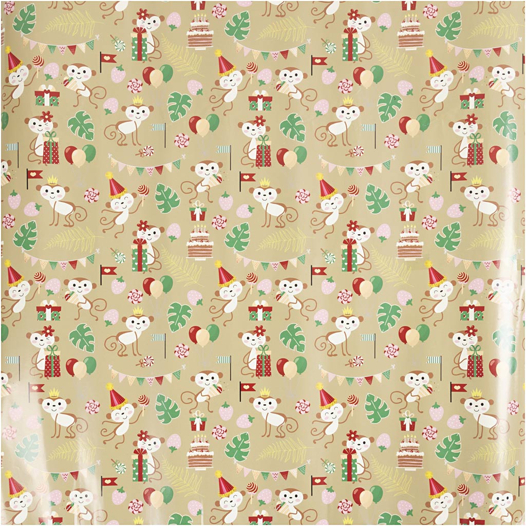 Papier cadeau Creativ company, singes festifs, l: 50 cm, 80 gr, 100 m 1 rouleau