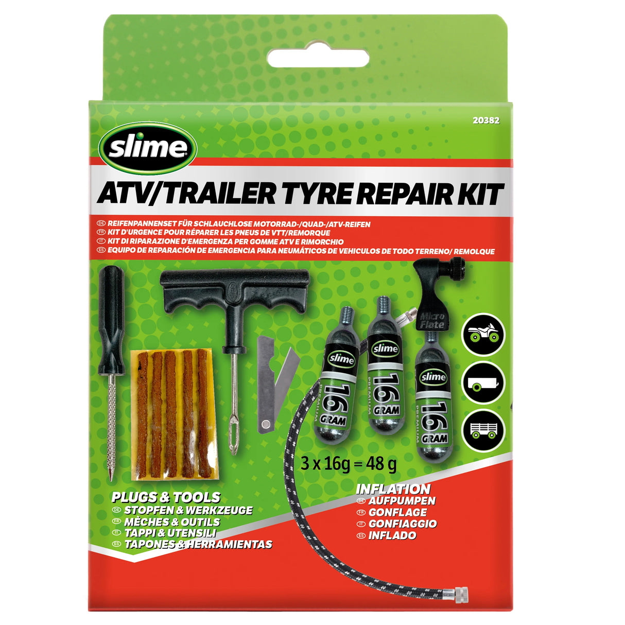 Kit de réparation de pneus de remorque VTT Slime avec cartouches Co₂