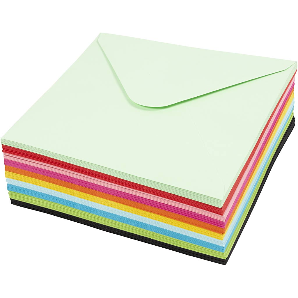 Enveloppes colorées de la société Creativ, format enveloppe 16x16 cm, 80 gr, différentes couleurs, 10x10 pièces 1 boîte