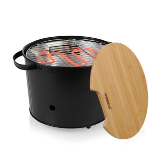 Barbecue seau hybride Princess 112240 | électrique | charbon de bois (noir, ø 32 cm | avec planche de service et planche à découper en bambou de luxe)